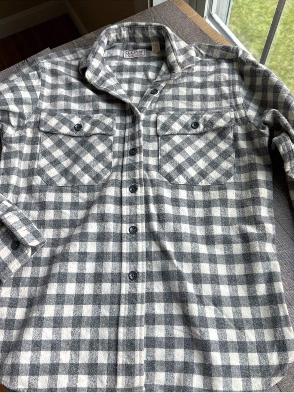 L.L. Bean Vintage Gray and White Plaid chamois Flannel Button-Down Shirt